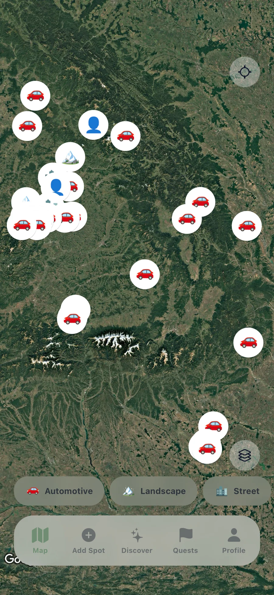 SPOTZ map showing photo locations and category filters