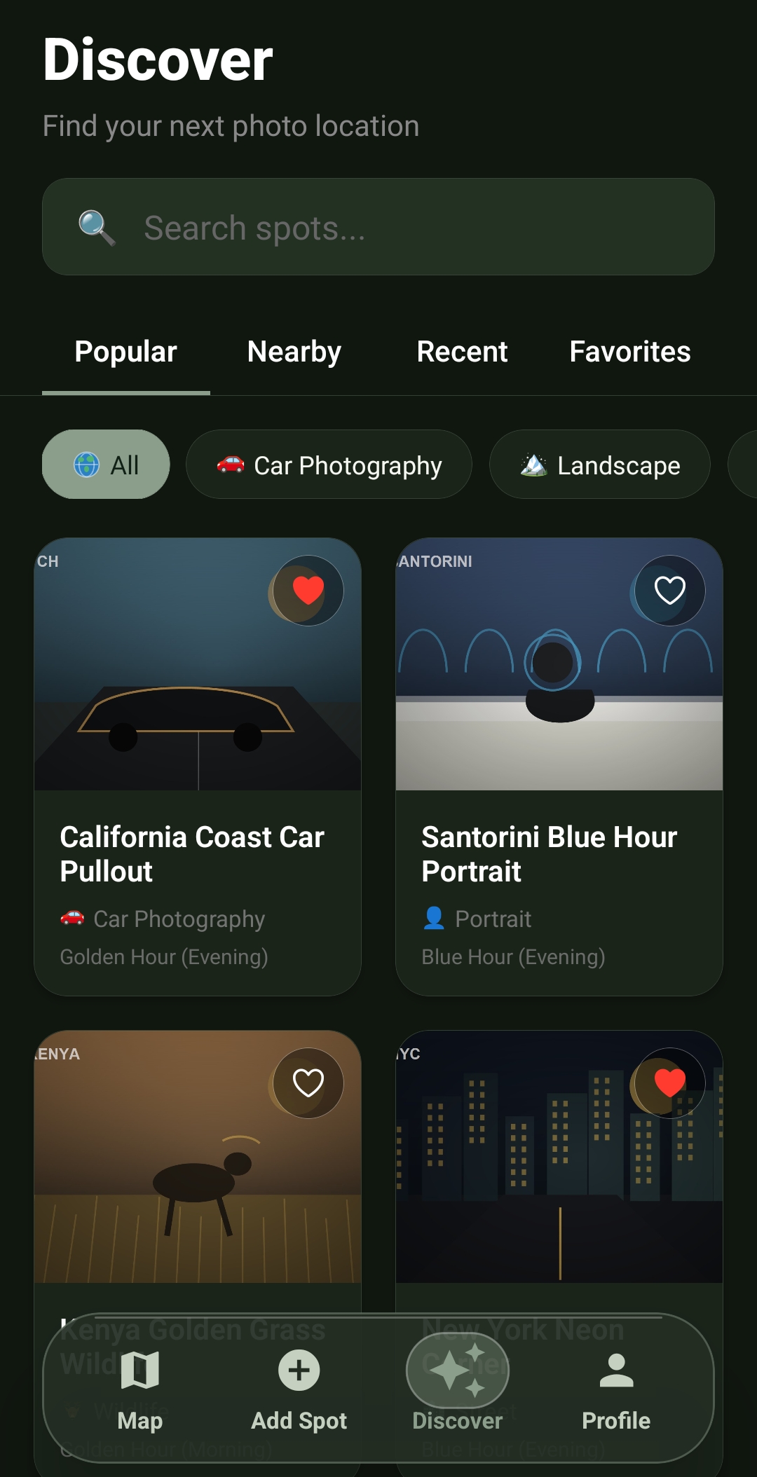SPOTZ Discover screen with photo spot cards