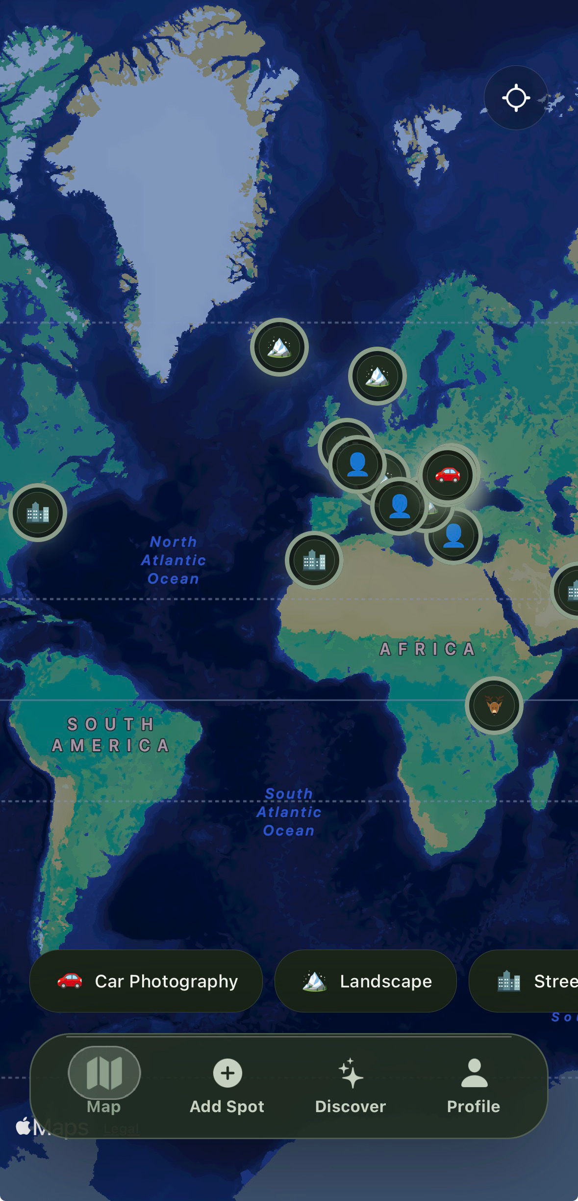 SPOTZ map screen showing photo spot markers